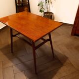 Brussels style retro table with woven shelf – Dřevopodnik Holešov, 1960s