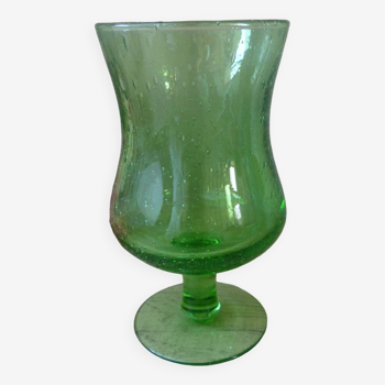 Grand Verre à Pied Vert Soufflé et Bullé Signé Biot