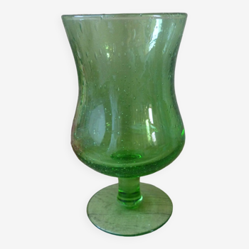 Large Blown and Bubbled Green Stemmed Glass Signed Biot