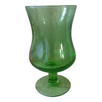 Large Blown and Bubbled Green Stemmed Glass Signed Biot