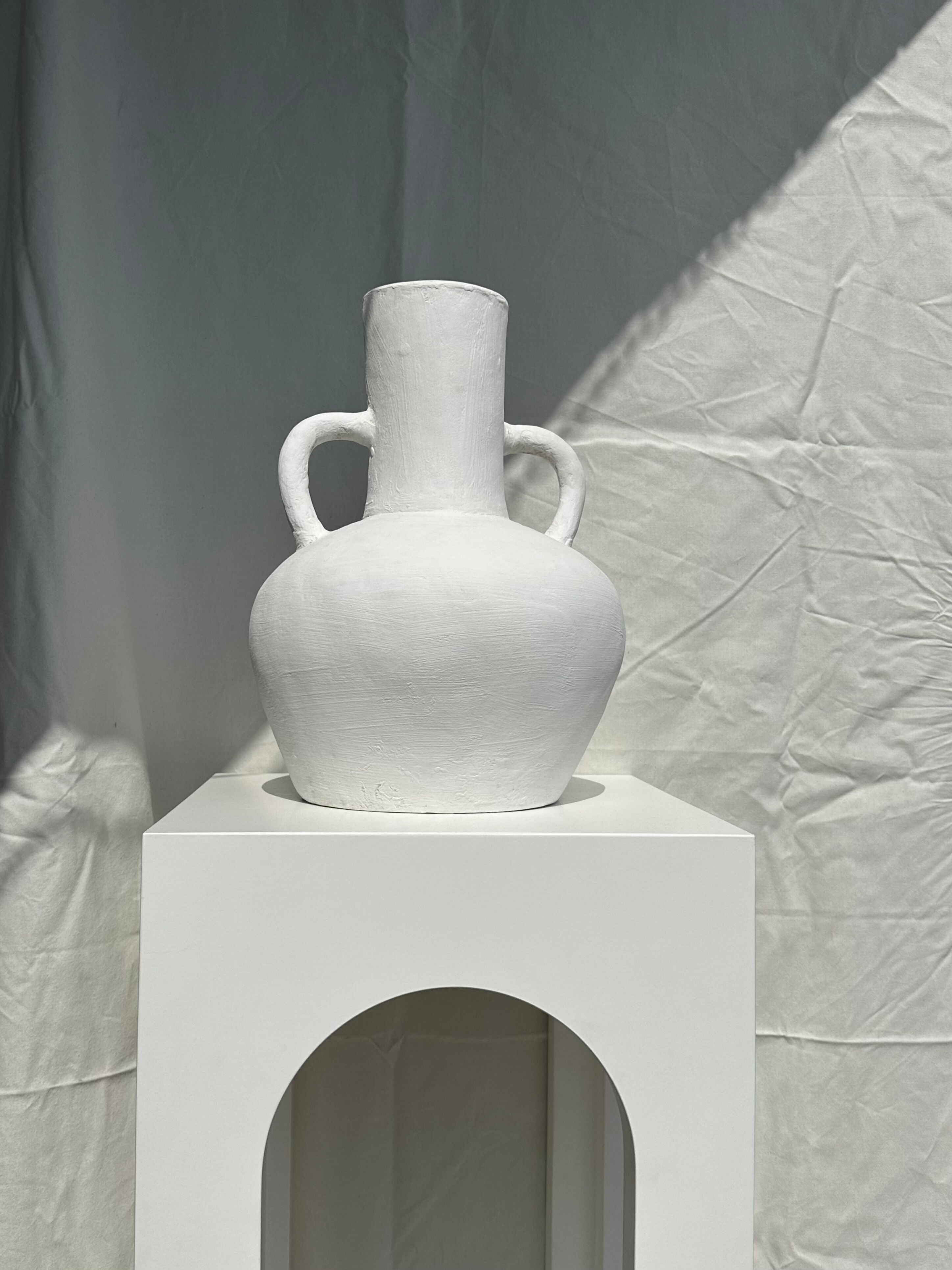 Handcrafted terracotta vase painted white with double handles h:40 d:30