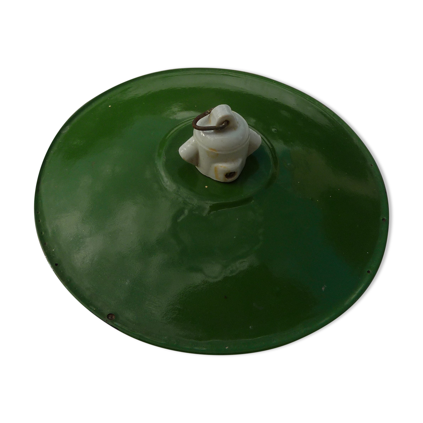Old pendant lamp lamp in green enamelled sheet metal and porcelain socket