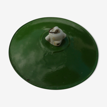 Suspension ancienne gamelle abat jour en tôle émaillée verte et douille en porcelaine