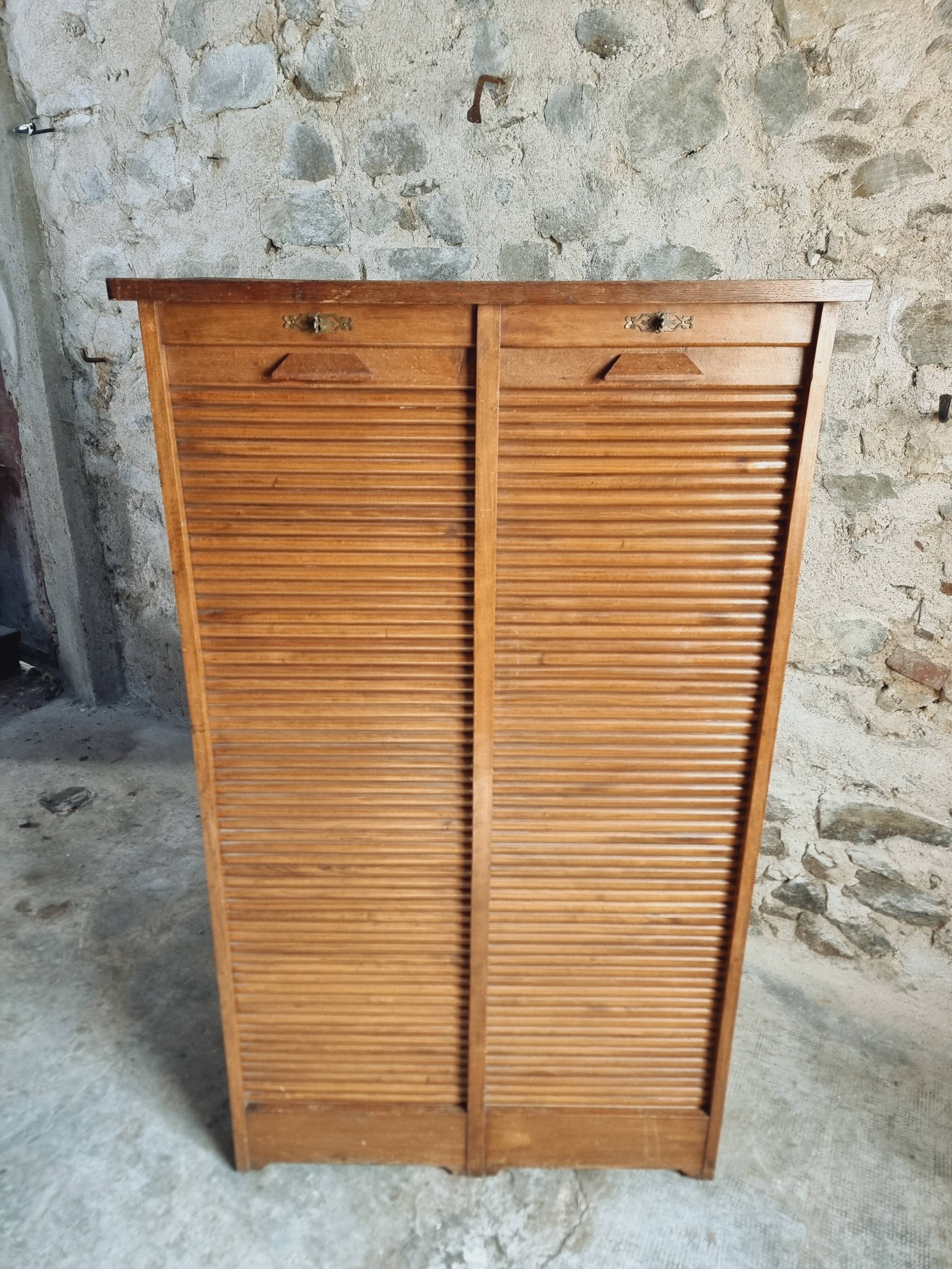 Antique filing cabinet with curtains – 1920s/30s – Beech