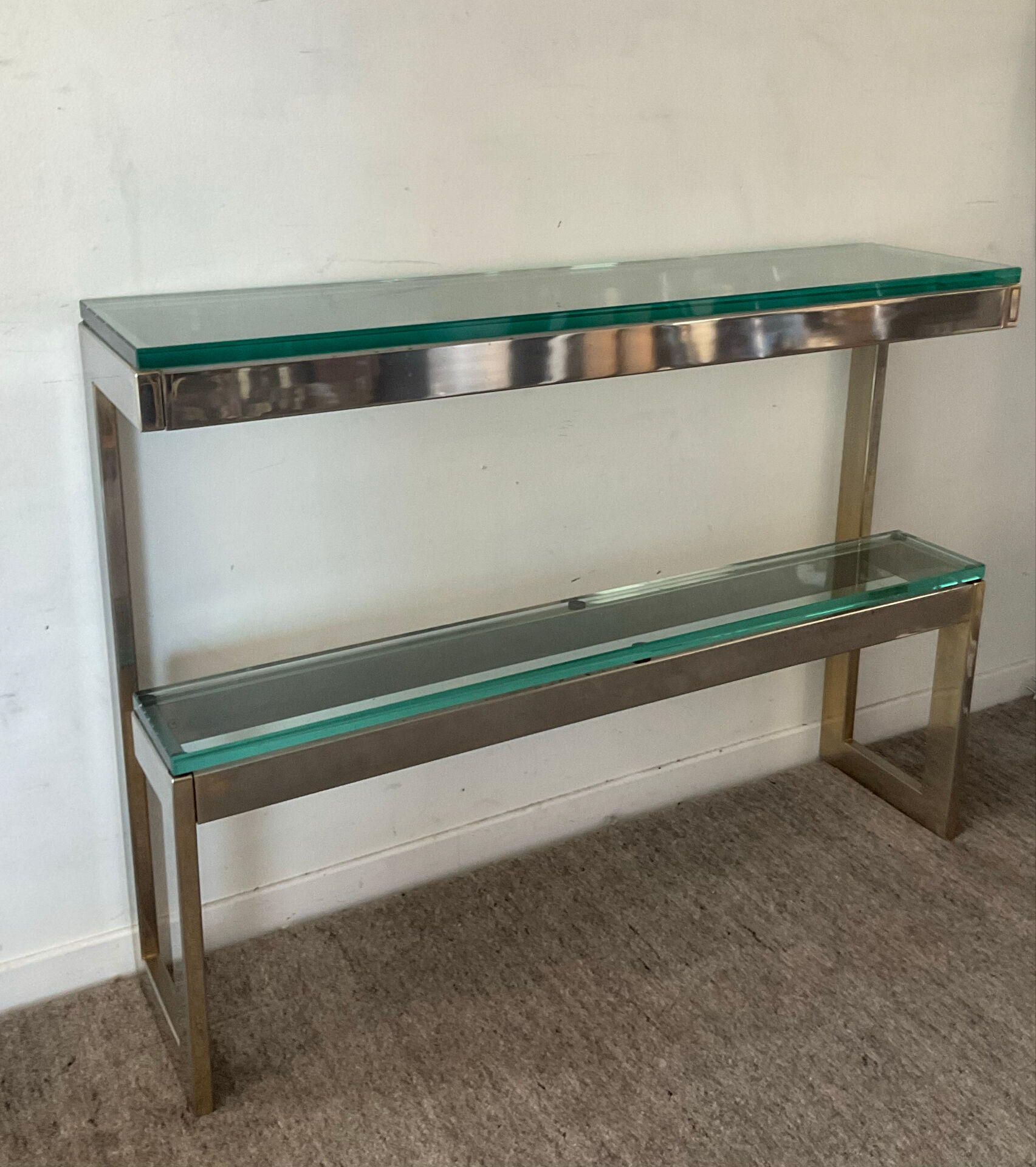 Console "G" by Belgochrom in brass and glass from the 1970s.