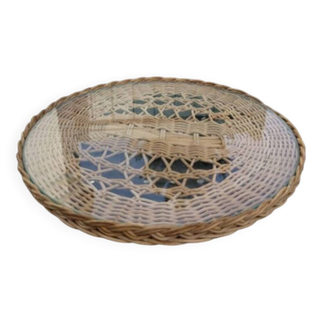 Round wicker and glass tray