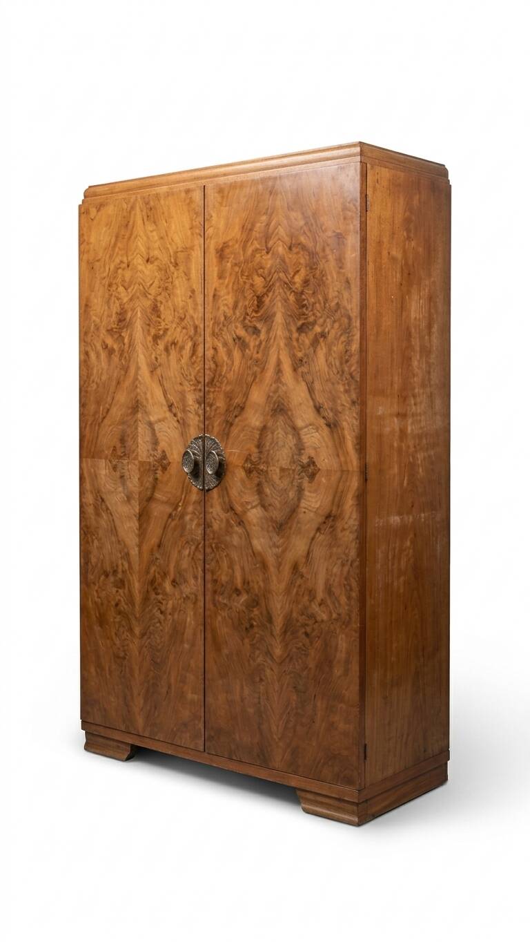 Vintage Art Deco Wardrobe - Walnut Burl Veneer "Open Book" - A