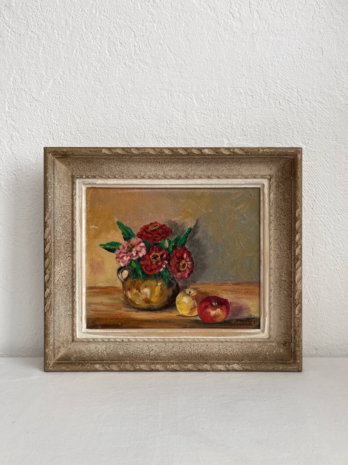 Antique oil painting on canvas with flowers and apples