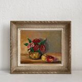 Old oil painting on canvas flowers apples