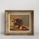 Antique oil painting on canvas with flowers and apples