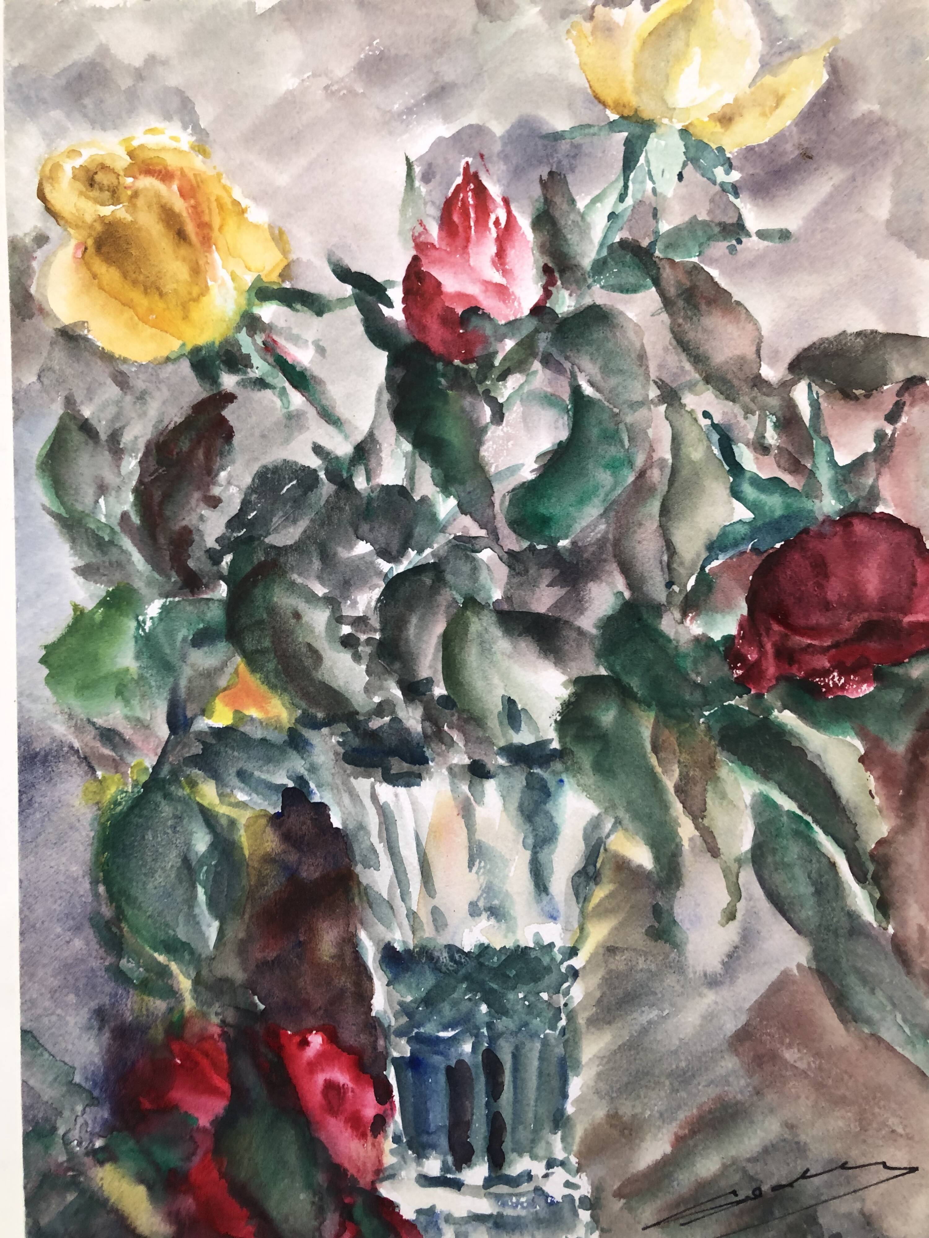 Aquarelle signé godeau : fleurs roses dans vase en verre, figuratif, peinture sur papier sans cadre