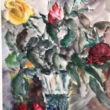 Watercolor signed godeau: pink flowers in glass vase, figurative, painting on paper without frame
