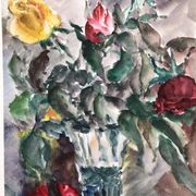 Watercolor signed godeau: pink flowers in glass vase, figurative, painting on paper without frame