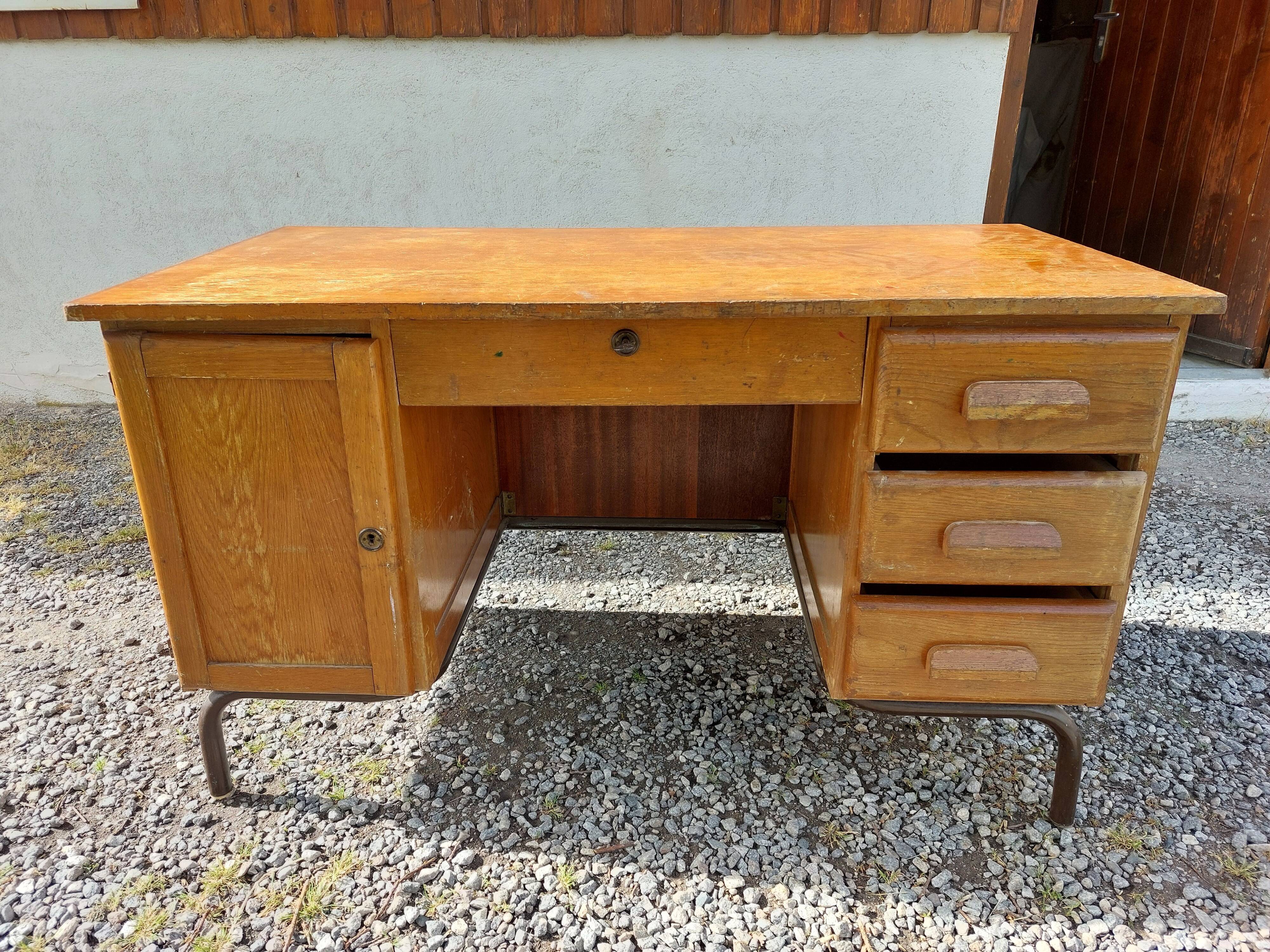 schoolmaster's desk, wood and metal, with drawers and cupboard