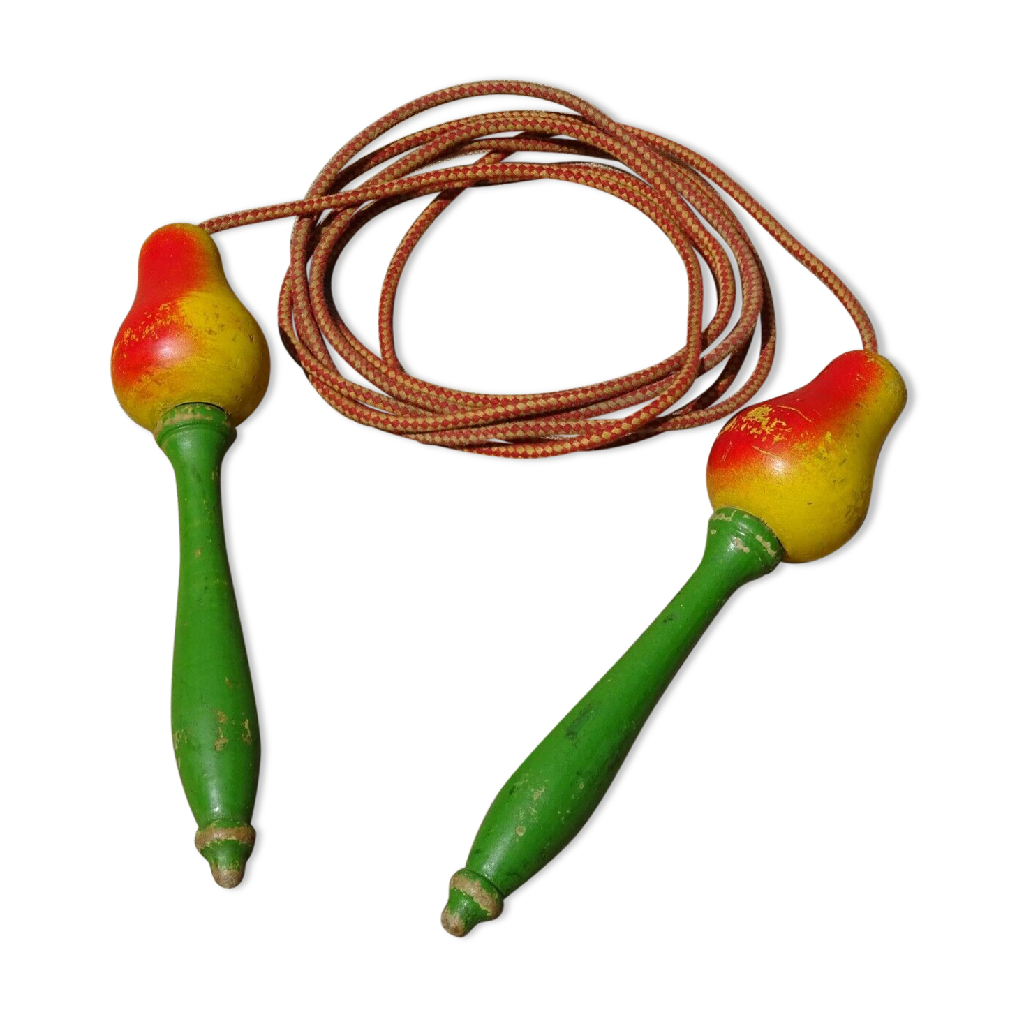 Old wooden jump rope toy painted in the shape of pear fruit ref