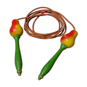 Old wooden jump rope toy painted in the shape of pear fruit ref