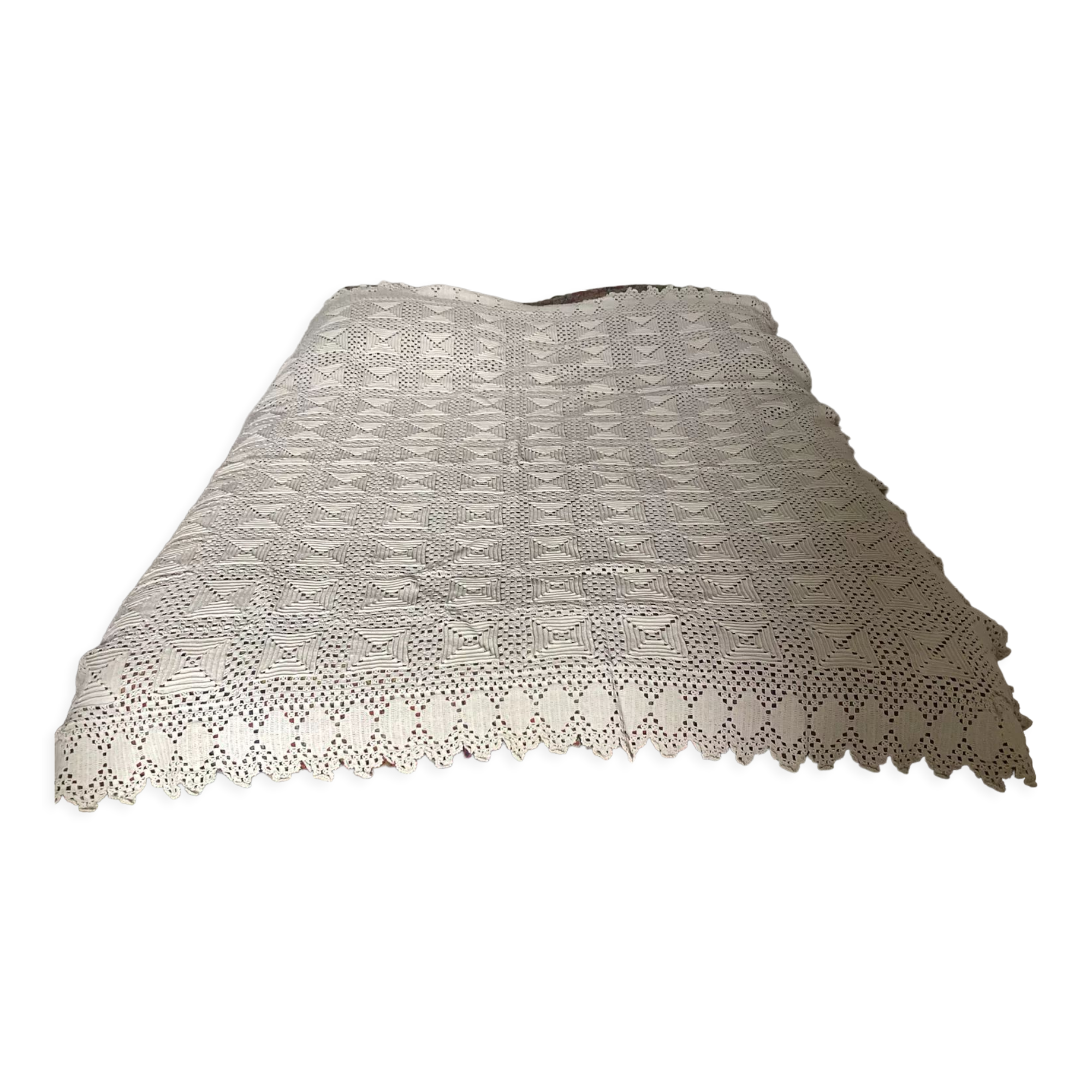 White cotton crochet bedspread with squares