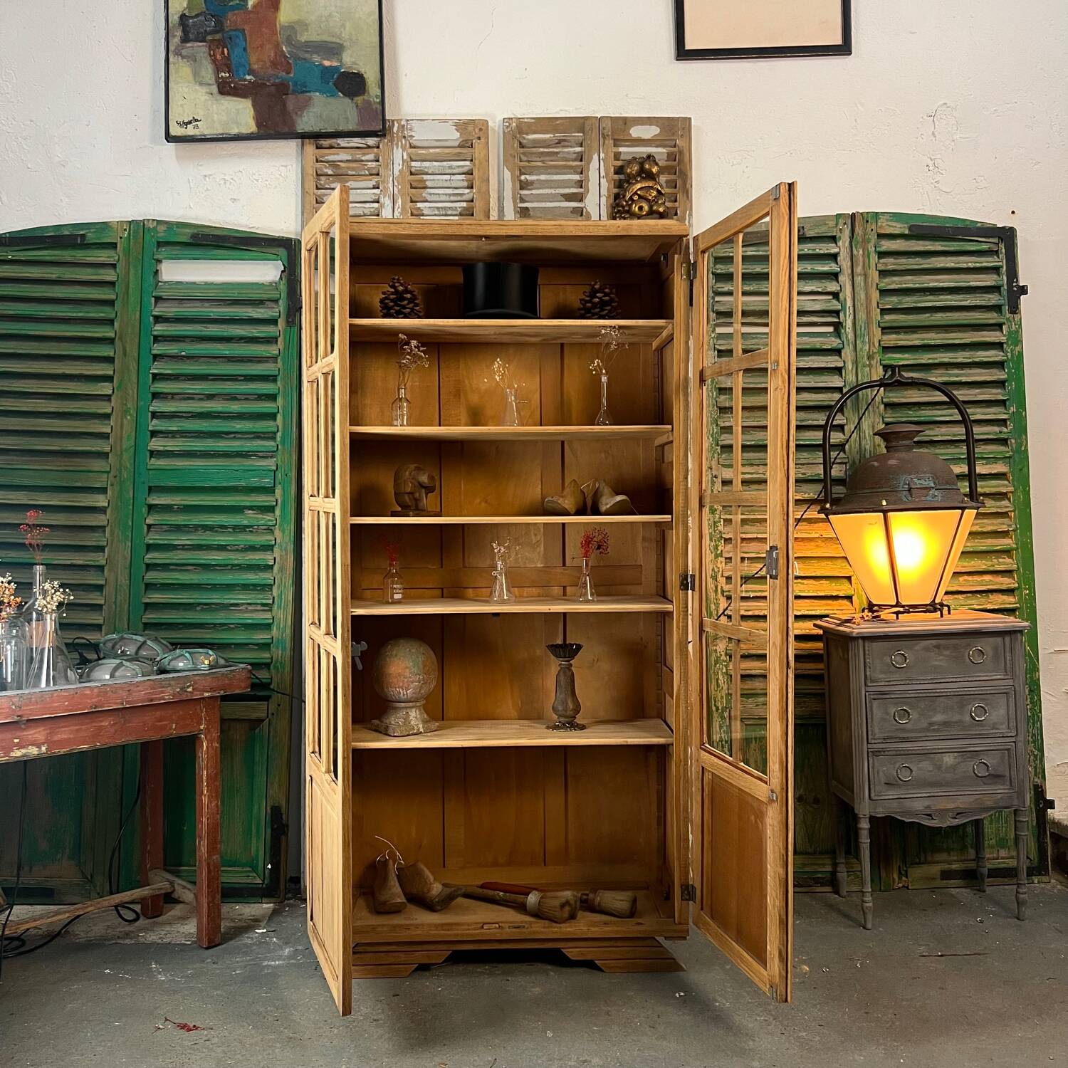 Vitrine vintage petit carreaux en chêne