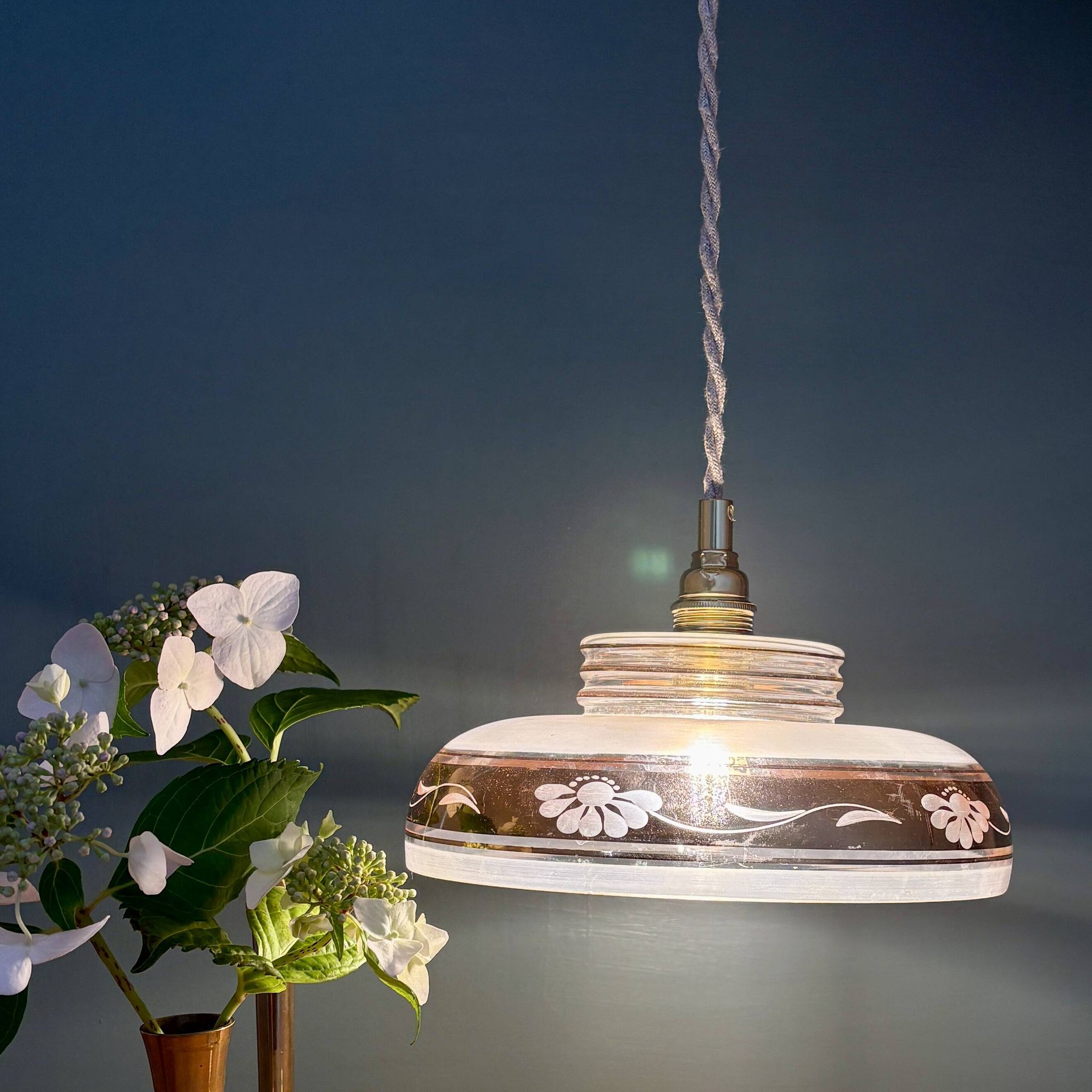 Vintage frosted glass pendant lampshade with gold frieze