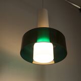 Suspension vintage en 2 élements opaline blanche et verre transparent vert