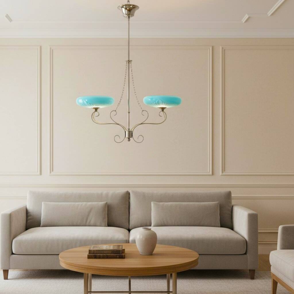 Art Deco chandelier with blue opaline glass