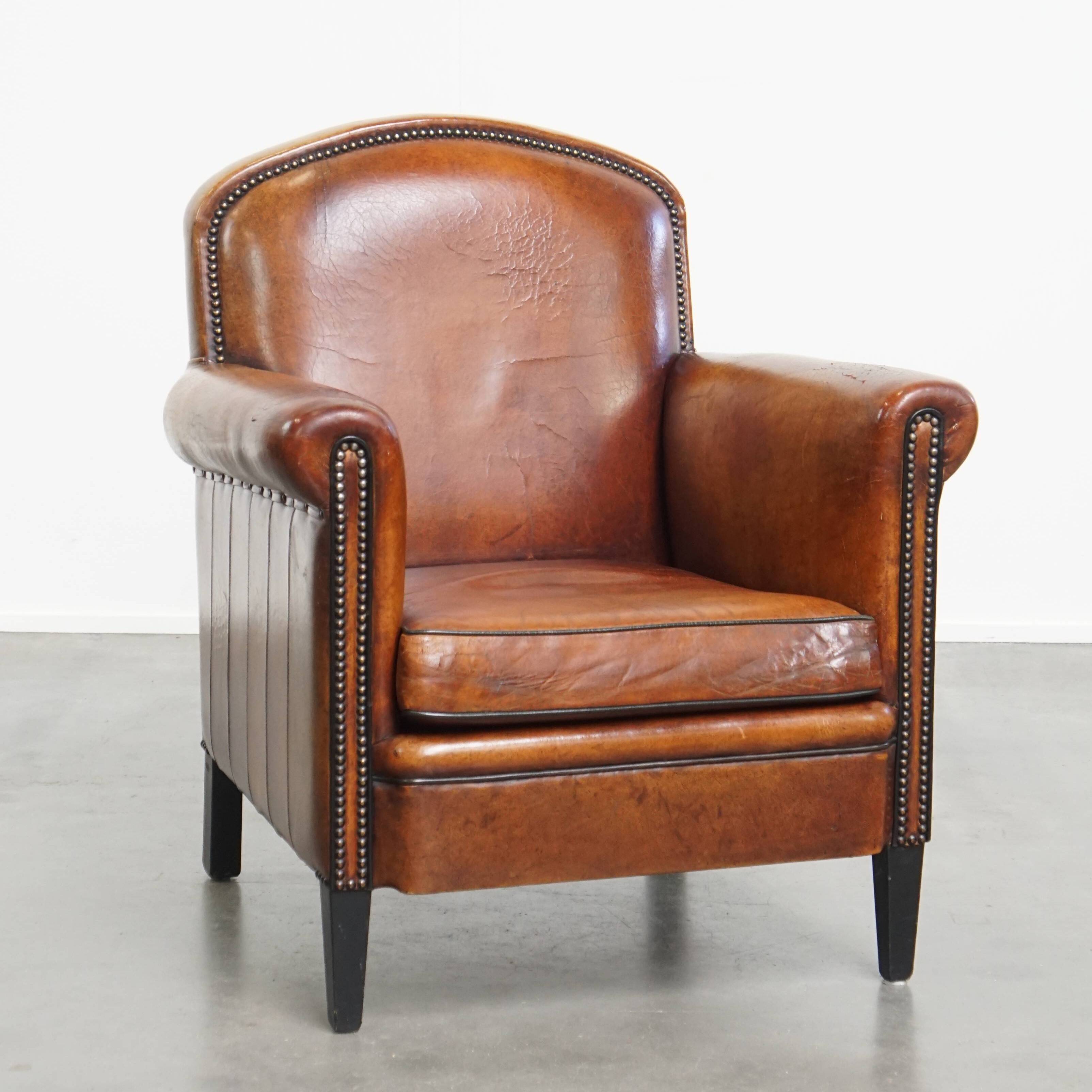 Sheepskin leather armchair in a cognac color with black piping