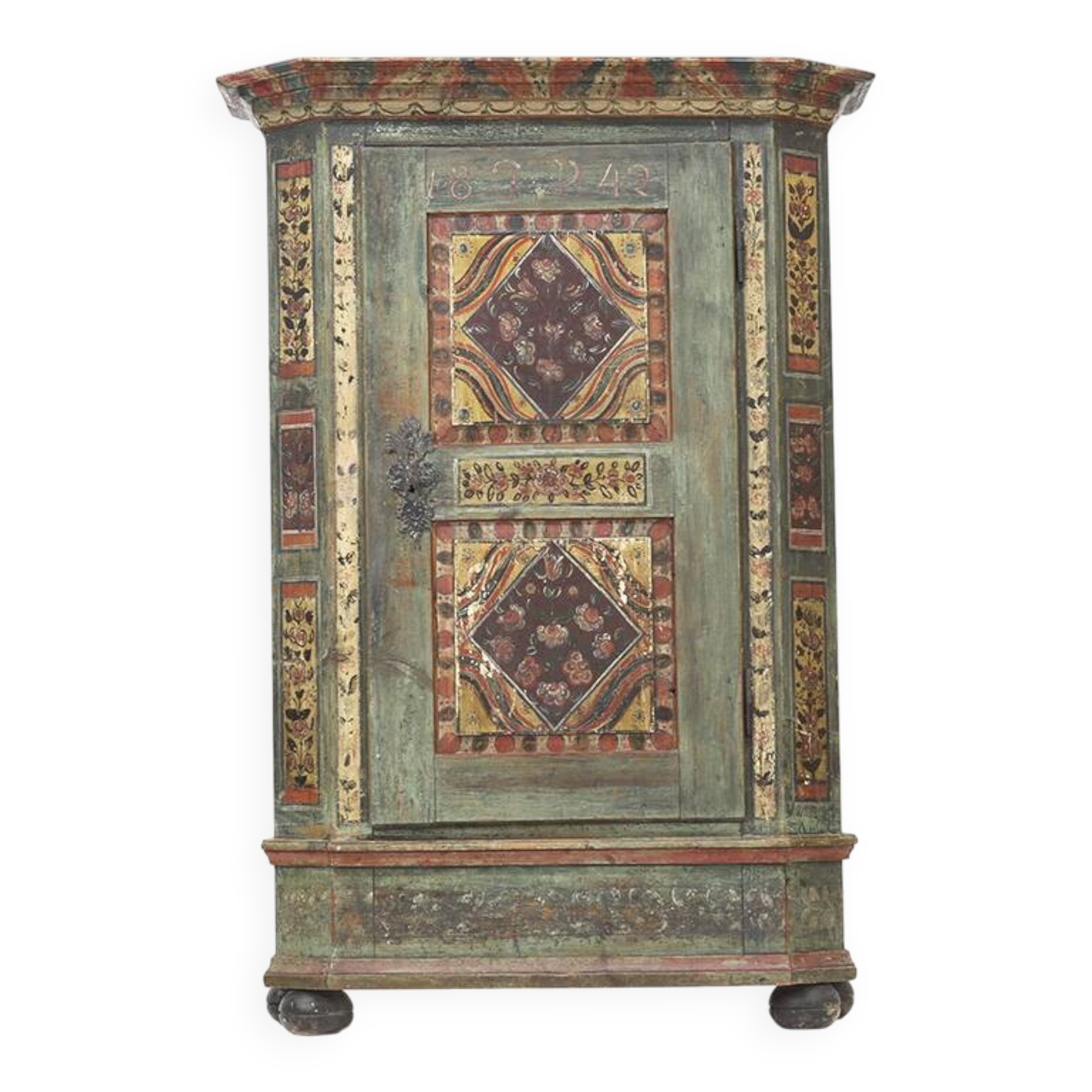 Antique Rustic Farmhouse Folk Art Painted Bridal Cabinet 1842