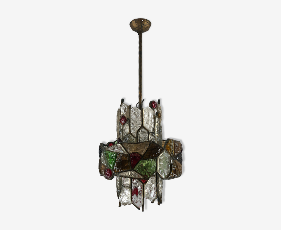 Lustre fer brutaliste italien Poliarte en verre coupé des années 70