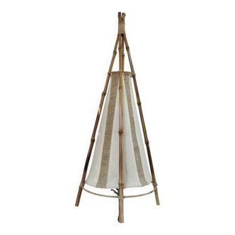 "teepee" lamp in bamboo, rattan and fabric 60s 70s