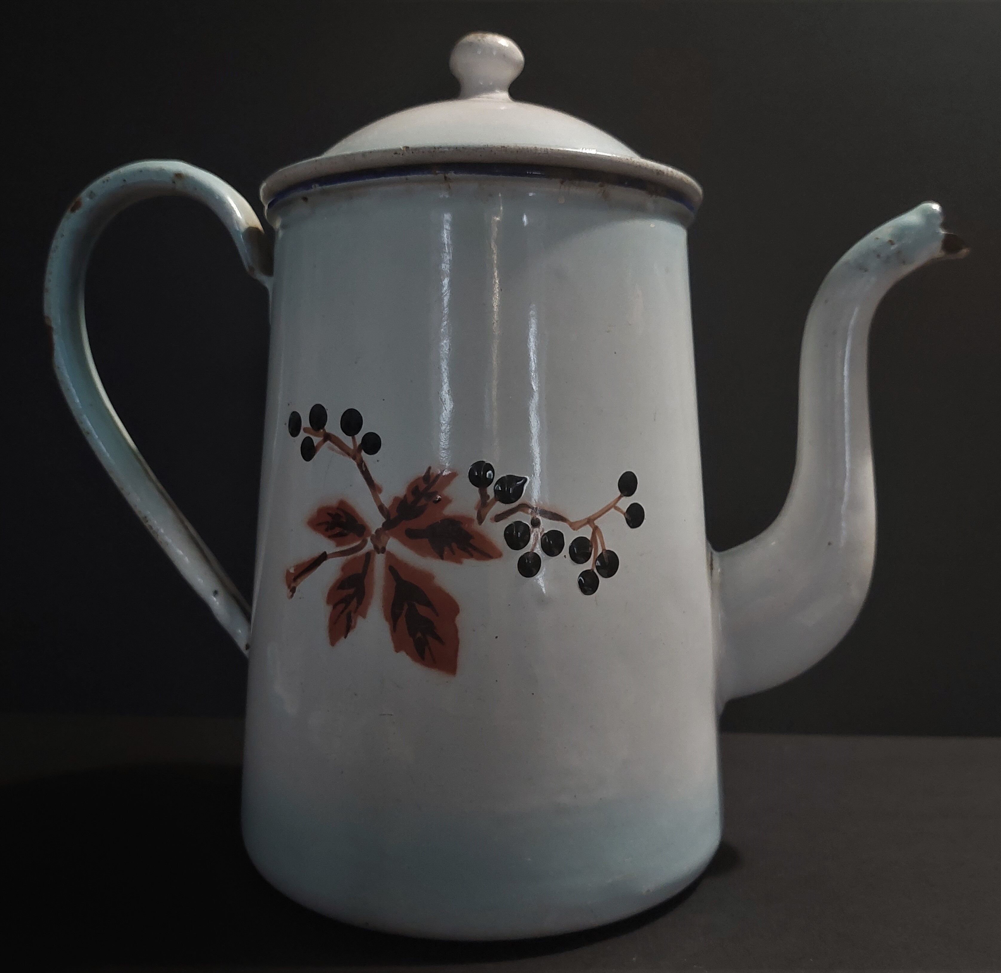 Enamelled sheet metal pourer decorated with black berries early twentieth century