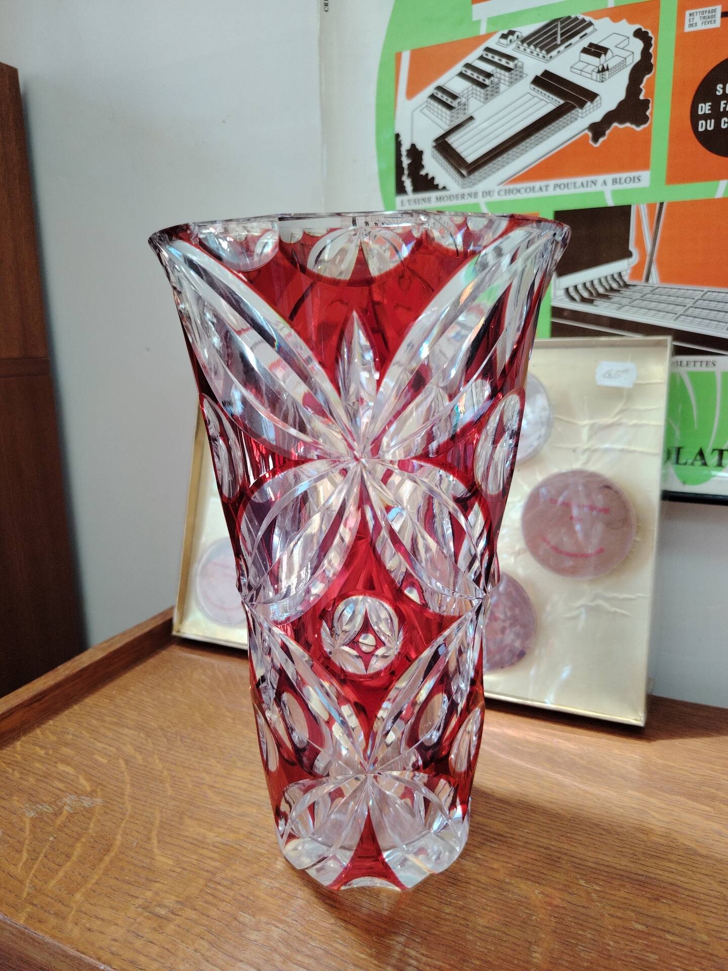 Large ruby red cut crystal vase, handmade, 1960.