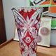 Large ruby red cut crystal vase, handmade, 1960.