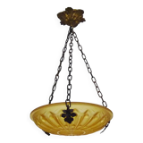 Ancien lustre, suspension vasque Art Déco 1 Feu, en pâte de verre jaune.