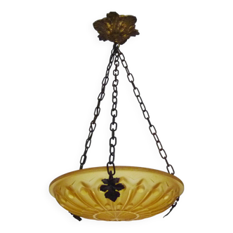 Old chandelier, Art Deco basin pendant light with 1 light, in yellow glass paste.
