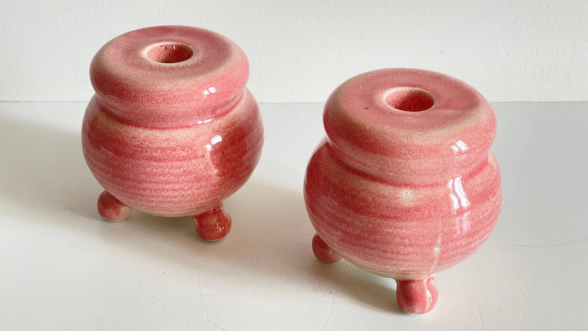 Paire bougeoirs ceramique rose