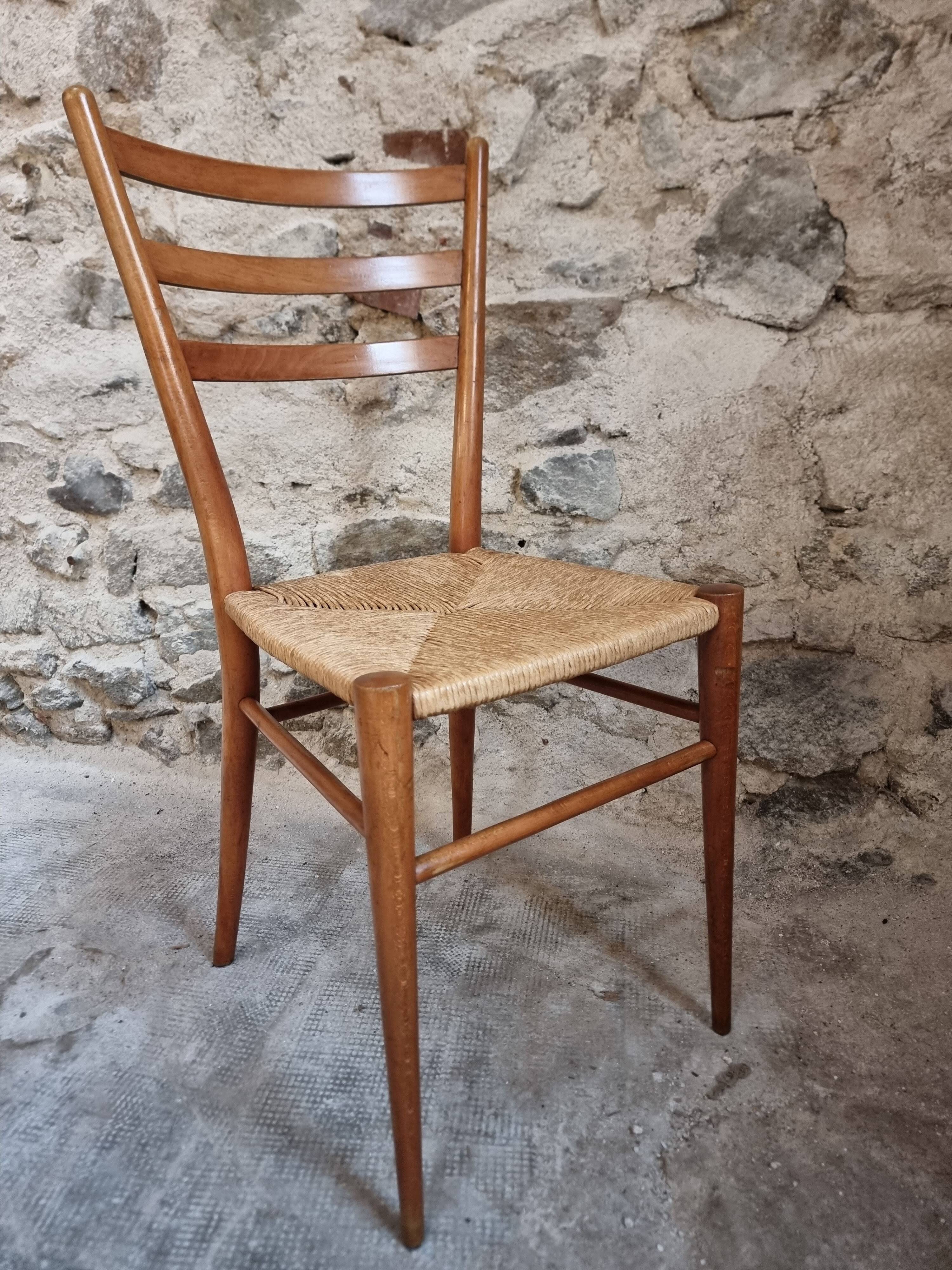 Ensemble de 4 chaises de salle à manger italiennes mid-century avec assises tressées, vers 1950–1970