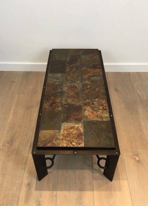 Rare coffee table in steel and wrought iron with a top made of lava stones