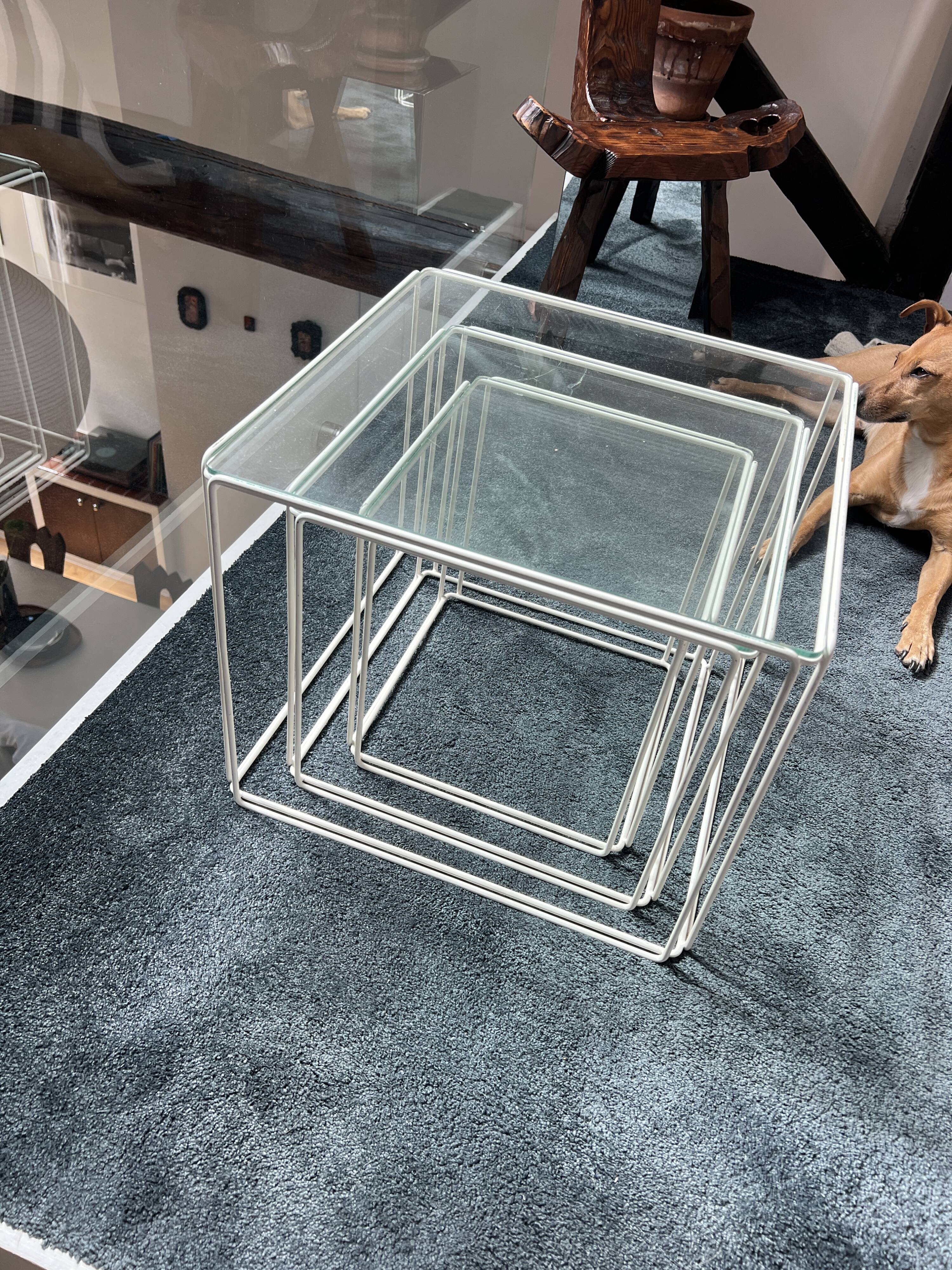 3 nesting tables by Max Sauze for Isocèle – 1970s – white metal & glass