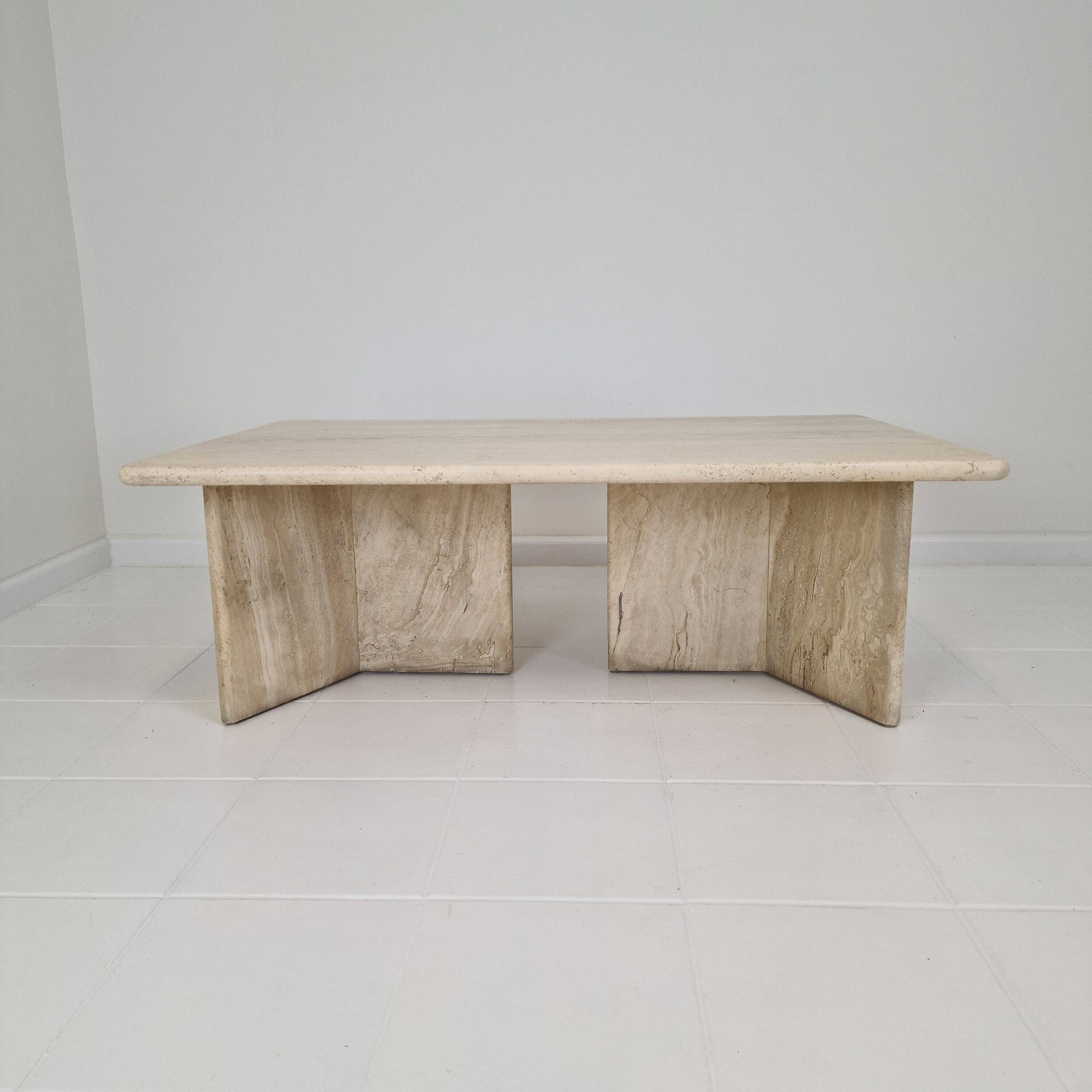 Robust Italian Travertine Coffee Table With two 3-leg Feet, 1980s