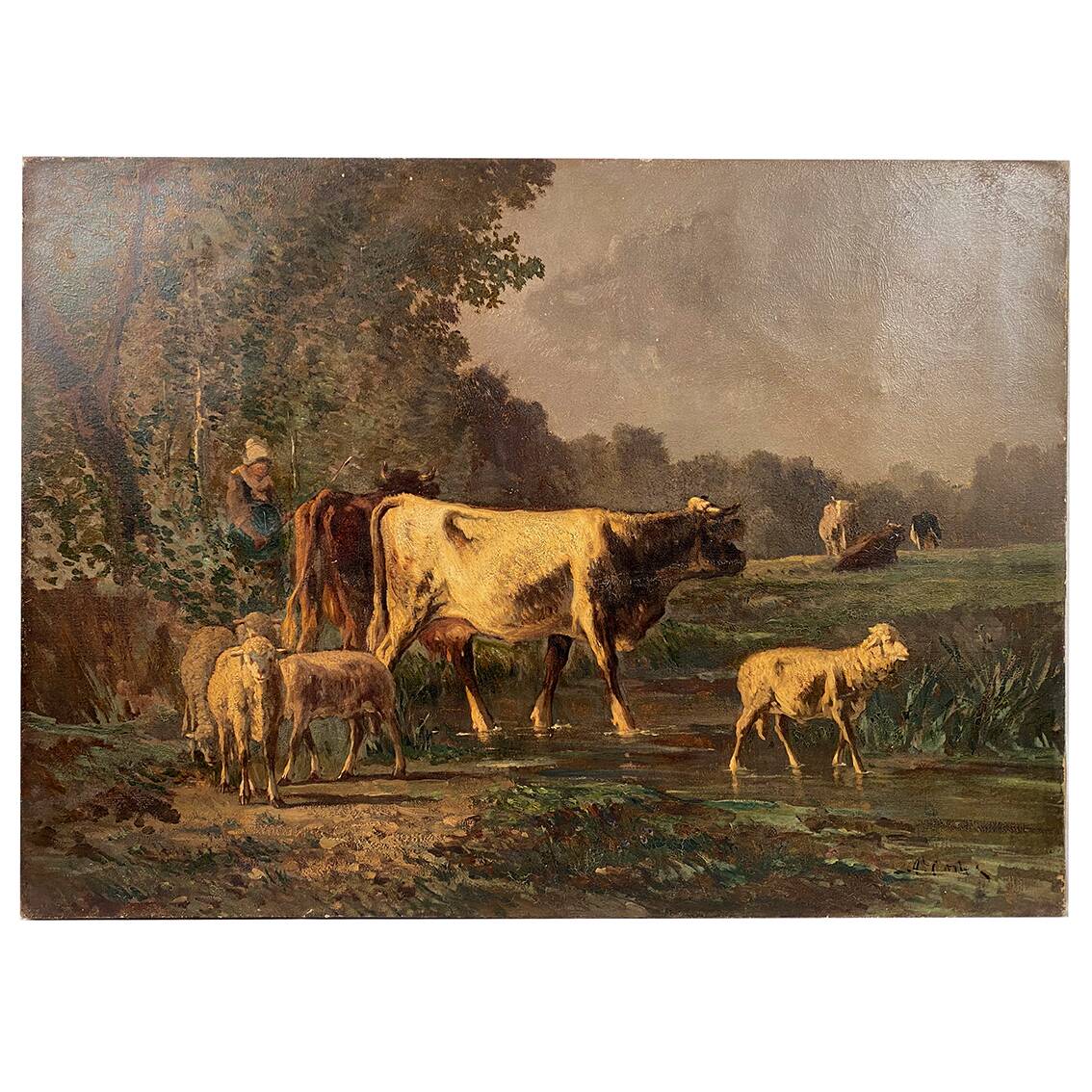 Andres Cortes (Spanish painter 1812-1879), landscape with cows and sheep. Oil on canvas 19th century