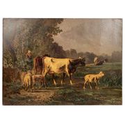Andres Cortes (Spanish painter 1812-1879), landscape with cows and sheep. Oil on canvas 19th century