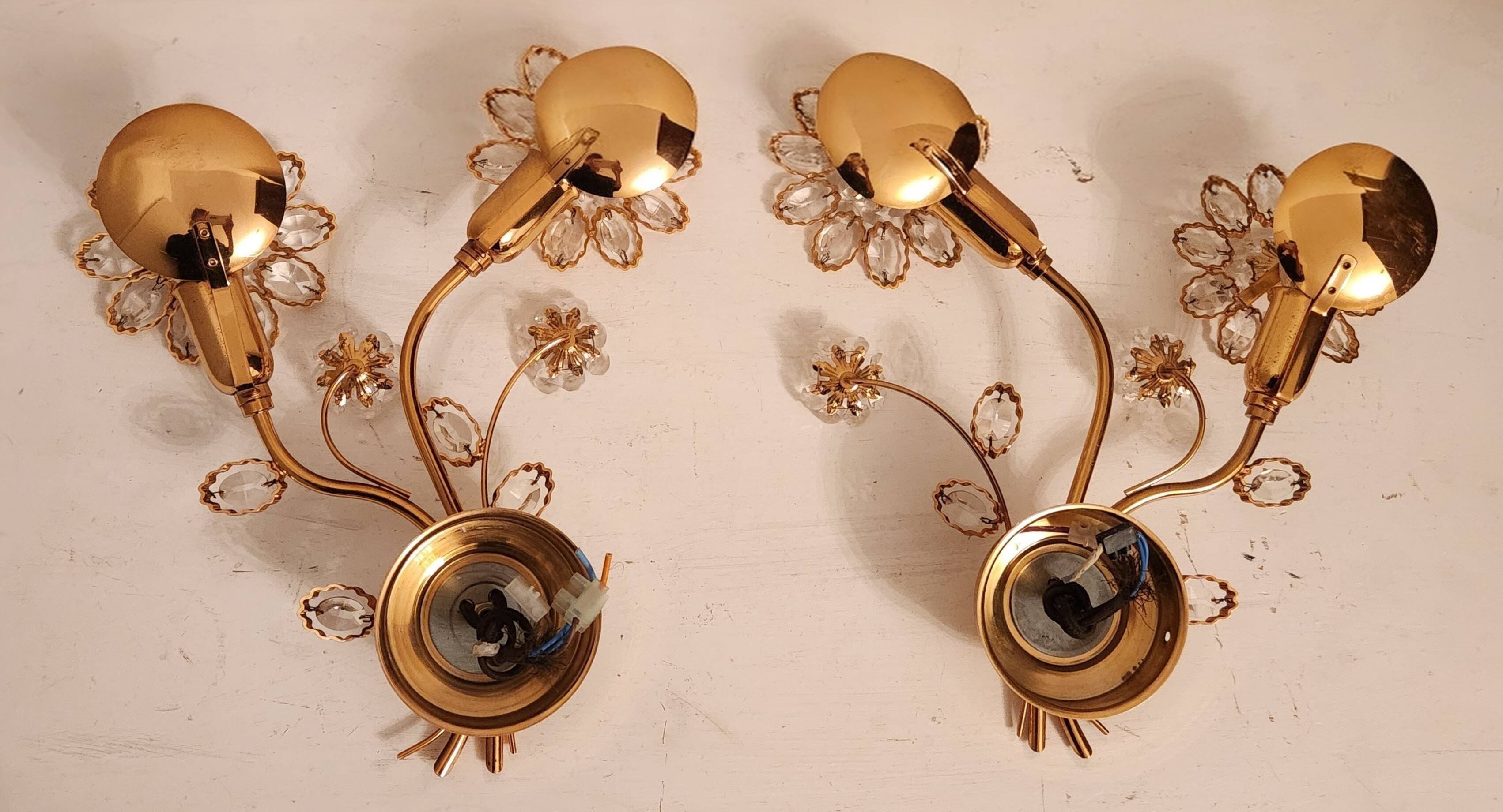 Set Hollywood Regency Wandlampe vergoldet Messing Swarovski-Kristalle Palwa