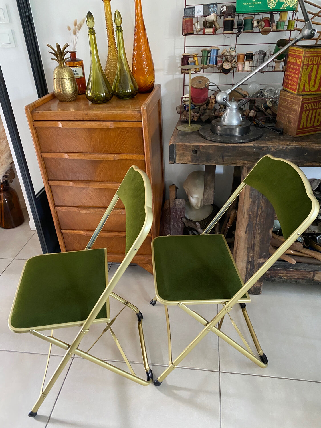 Pair of vintage green velvet folding chairs