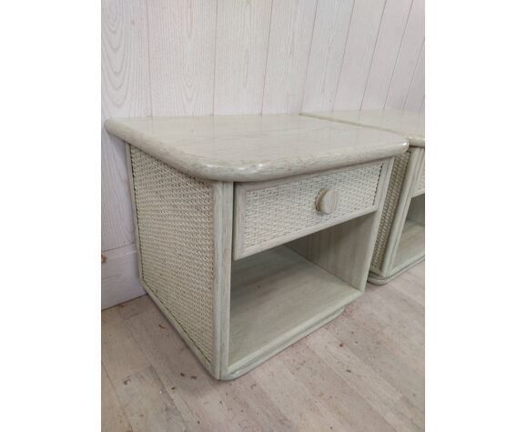 Pair of wooden and wicker bedside tables