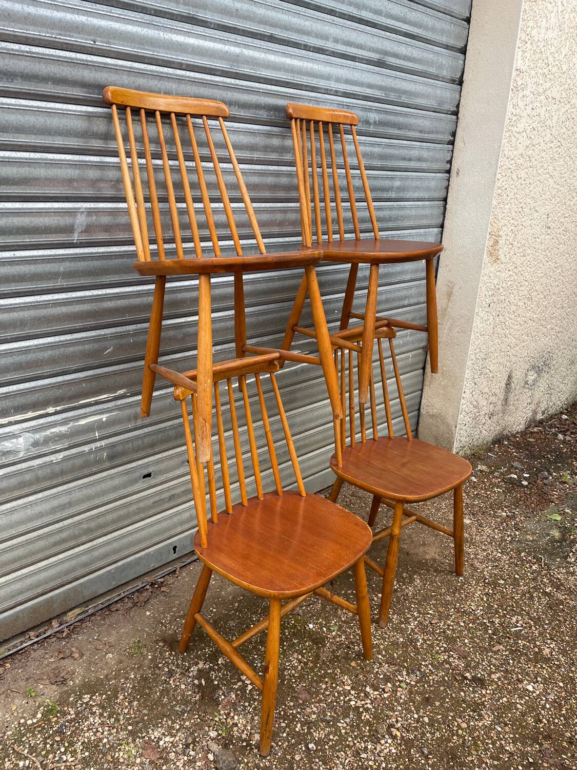 Set of 4 vintage beech chairs with teak seat