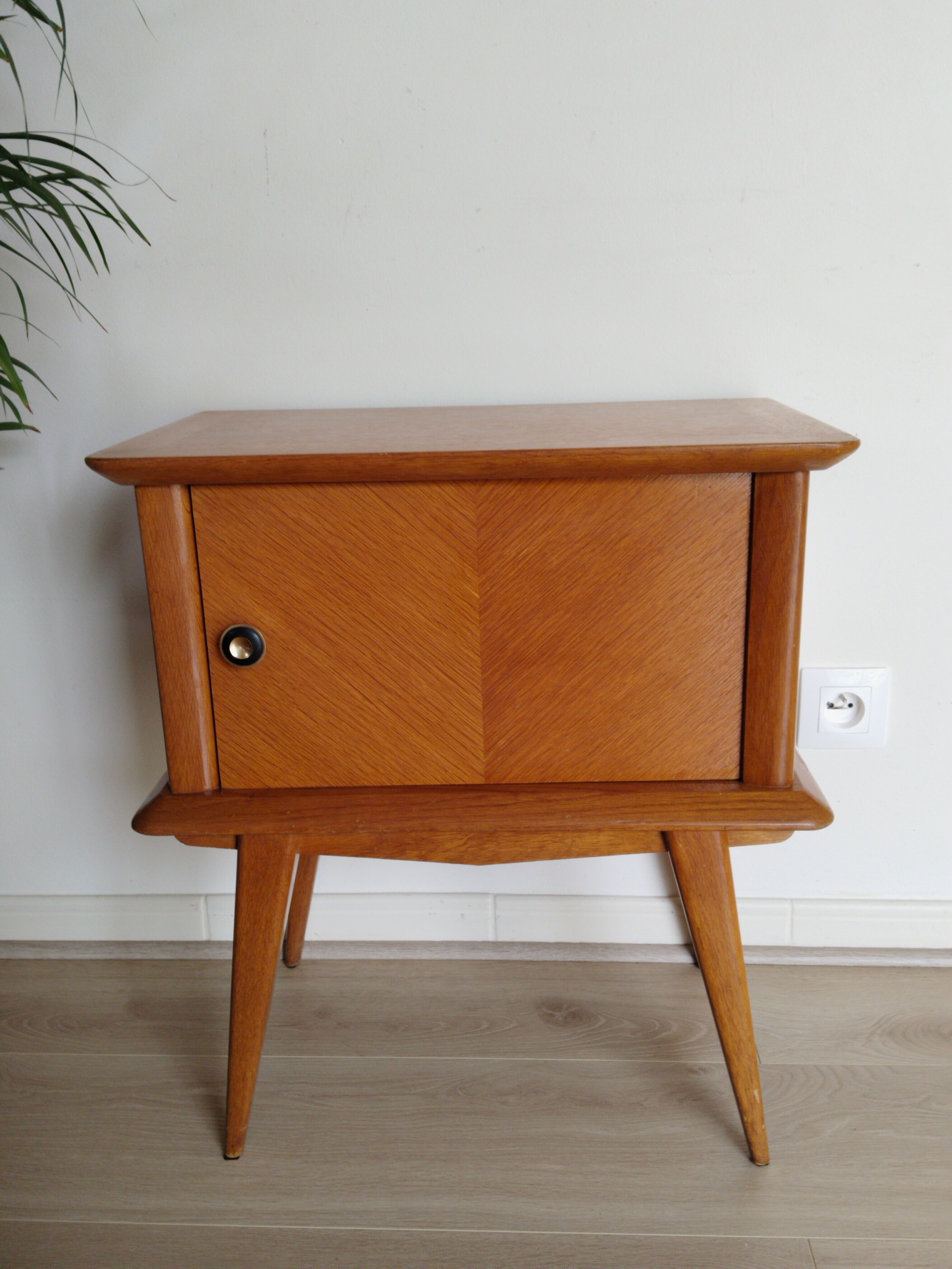 Vintage bedside table, varnish, compass legs, vintage 50s