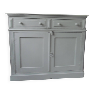 Buffet ancien sublimé en vert de gri, plateau bois