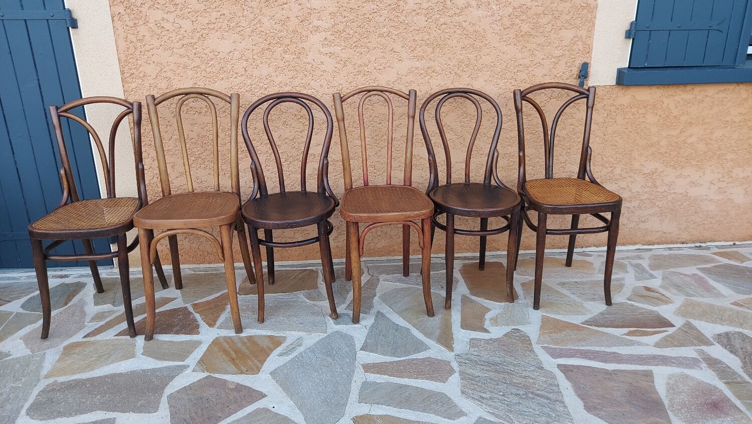 Suite of 6 mismatched bistro chairs Thonet and J&J kohn 1920
