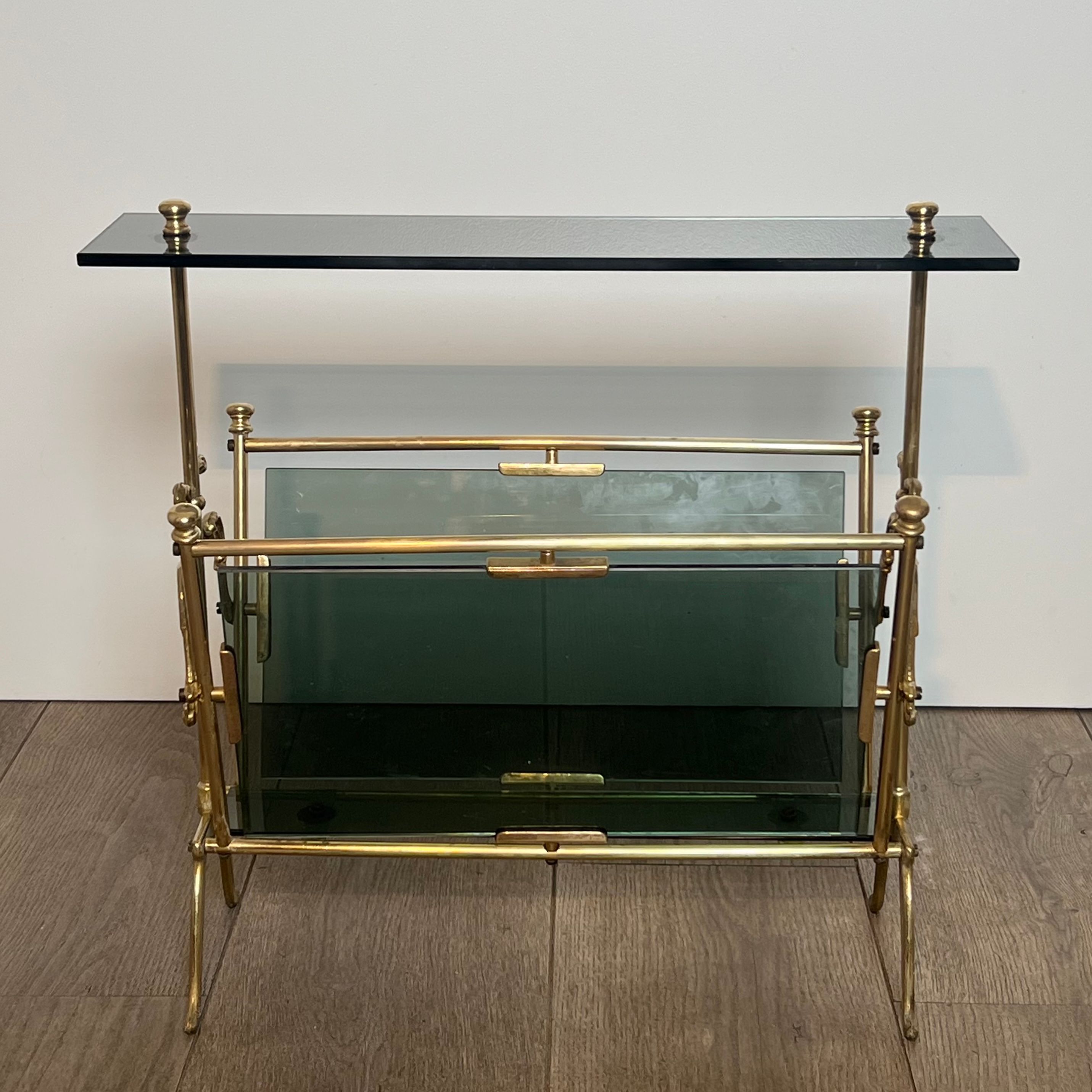 Brass magazine rack and blue-tinted glasses