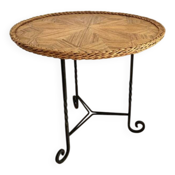 Table d’appoint années 50 marqueterie de paille